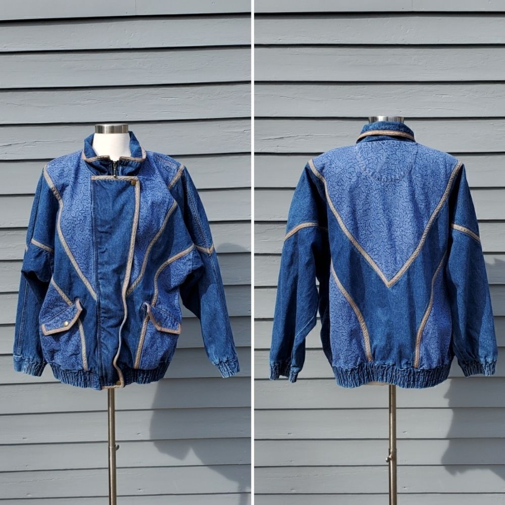 Vintage 90s y2k Blue‎ Denim Jean Floral Bomber Jacket Coat Unisex Large